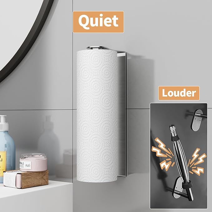 Paper Towel Holder Under Cabinet, Wall Mount Paper Towel Holder for Kitchen Bathroom, Stainless Steel, Adhesive or Screws, Silver