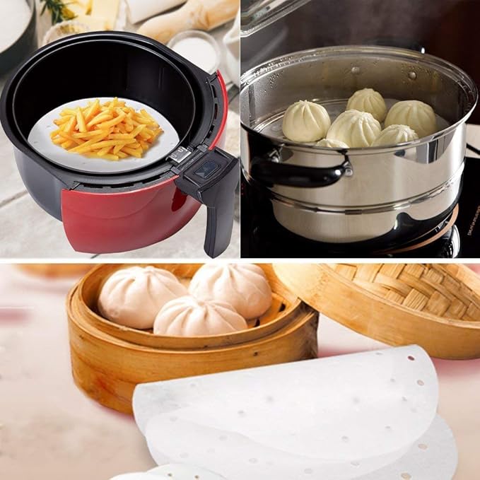100pcs Air Fryer Liners, Vancens 7.5 inches Bamboo Steamer Liners, Premium Perforated Parchment Steaming Papers, Non-Stick Steamer Mat, Perfect for 3.5 & 3.7QT Air Fryers/Baking/Cooking