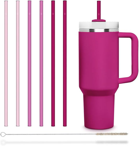 HALM Stanley Quencher Tumbler Glass Straws Pink Reusable Replacement Straws for Tumbler with Handle Stainless Steel Drinking Cup Accessory BPA-Free & Dishwasher Safe