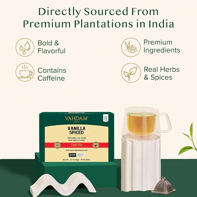 VAHDAM, Vanilla Chai Tea Bags (30 Count) High Caffeine, Non GMO, Gluten Free | Individually Wrapped, Full-bodied & Malty | No Artificial Flavor | Blended w/Vanilla, Cappuccino & Exotic Spices
