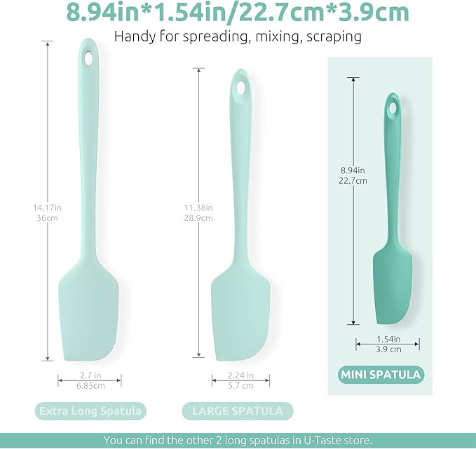 U-Taste Small Mini Silicone Spatula: 9×2inch 600ºF Heat-Resistant Food-Grade Jar Scraper for Kitchen Use, Non-Stick Seamless Flexible Baking Utensil for Mixing, Scraping Jam in Bowl or Cup (Aqua Sky)