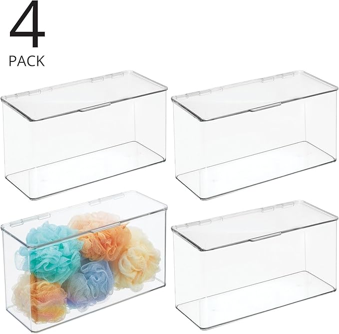 mDesign Plastic Bathroom Storage Organizer Box Containers with Hinged Lid for Vanity Drawers - Holds Lotions, Face Towels, Cotton Swabs, Soap, or Accessories - Lumiere Collection - 4 Pack - Clear