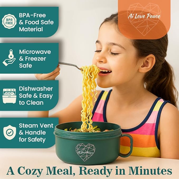 AI LOVE PEACE Ramen Bowl, 40 oz Microwaveable Noodle Cooker for Ramen, Pho, Soup, and Pasta, Dishwasher Safe and Portable, Ideal for Home, Office, Dorm, or Gift (Green)
