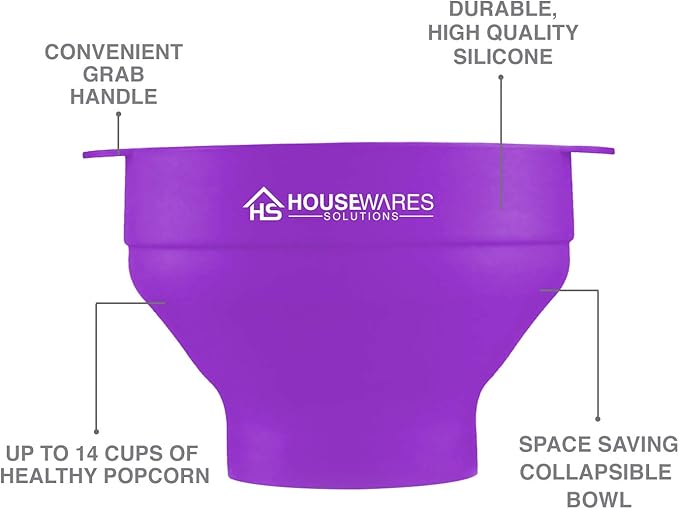 Collapsible Silicone Microwave Hot Air Popcorn Popper Bowl With Lid and Handles (Purple)