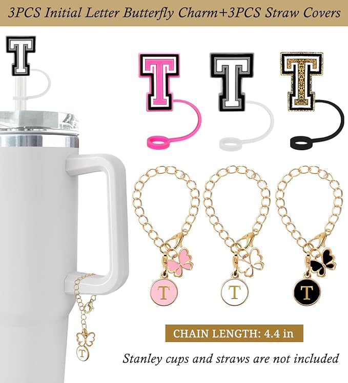 （3 +3) Nuozme Straw Cover Compatible with Stanley Tumbler Cup 3PCS Letter Straw Caps Toppers with 3 Initial Butterfly Charms Name ID For Stanley 30&40 Oz Cup