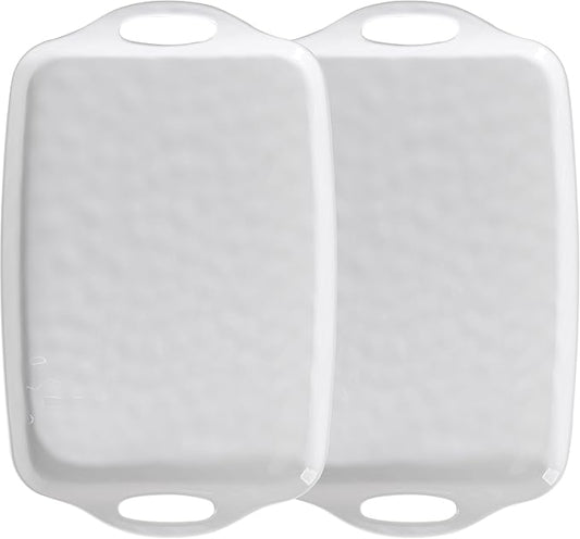 Large Serving Tray with Handles,19”x12” Large Rectangular Melamine Serving Platters Set of 2, Kitchen Food and BBQ ServingTray,Dishwasher Safe, Bright White