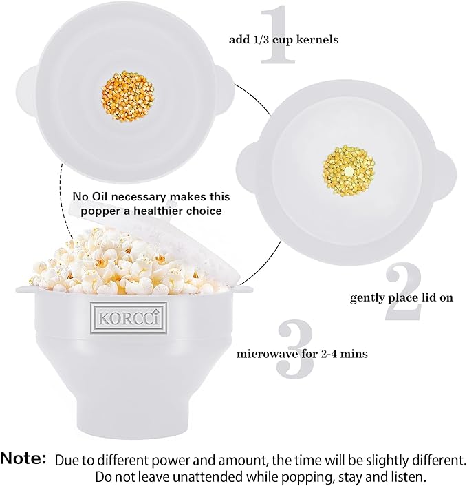 The Original Korcci Microwaveable Silicone Popcorn Popper, Microwave Popcorn Popper, Collapsible Microwave Popcorn Maker Bowl, No Oil Required, Use In Microwave, Dishwasher Safe (White)