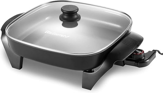 Elite Gourmet EG2212 12"x12"x2.15” Ceralast™ PFAS Free Ceramic Electric Skillet, Dishwasher Safe, Rapid Heat Up, 1200W, Dark Grey