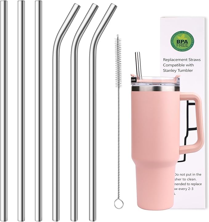 AIERSA Metal Straws for 40oz Tumbler Replacement,12 Inch Reusable Stainless Steel Straw Compatible Stanley Cup, 6pcs Large Straws with Cleaning Brush for Stanley Cup Accessories