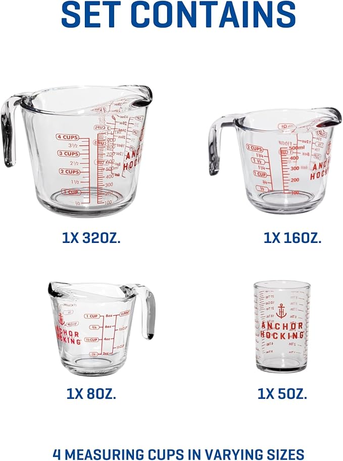 Anchor Hocking Glass Measuring Cups, 4 Piece Set (5 Ounce, 1 Cup, 2 Cup, 4 Cup liquid measuring cups)