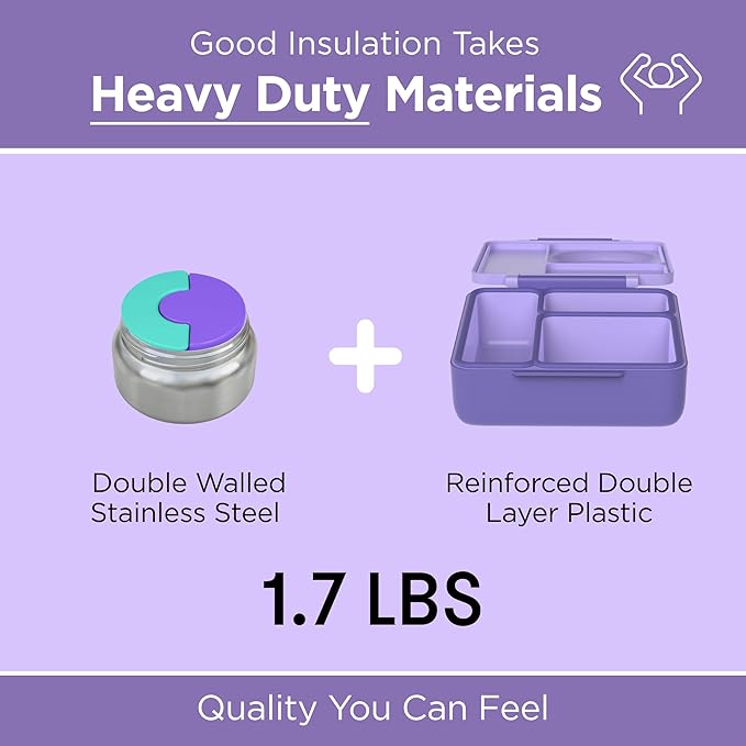OmieBox Bento Box for Kids - Insulated Bento Lunch Box with Leak Proof Vacuum Insulated Food Jar - 3 Compartments, Two Temperature Zones (Purple Plum)