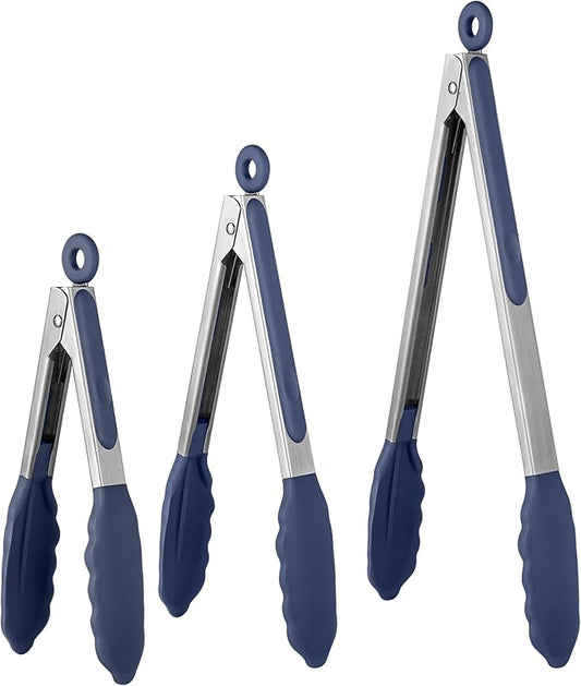 600ºF Heat Resistant Kitchen Tongs: U-Taste 7/9/12 inch Silicone Cooking Tong Set with Non Stick Rubber Tips and Silicon Coated 18/8 Stainless Steel Handle for Serving Grilling Salad(Midnight Blue)