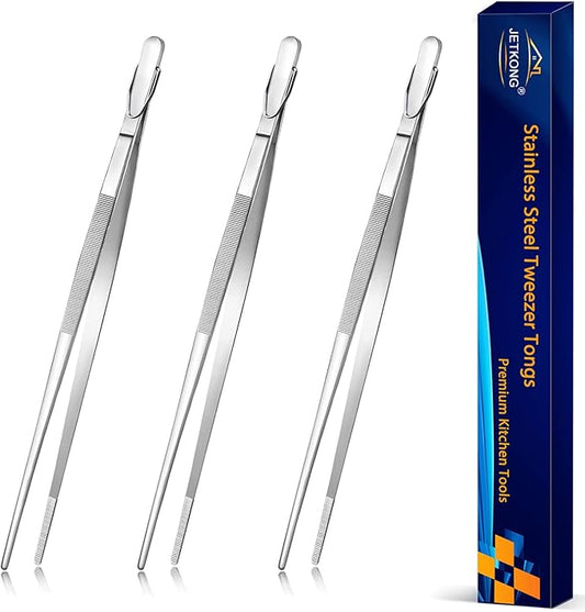 JETKONG 12-Inch Cooking Tweezer Tongs Food Tweezers for Kitchen and Barbecue, Set of 3 (12 12 12 Inch, Silver)