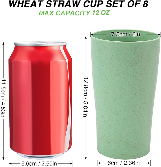 Wheat Straw Cup Set of 8, Reusable Plastic Drinking Cups for Kitchen, Camping, Unbreakable Drinking Glasses Set, BPA Free Water Tumblers for Milk, Coffee, Juice, Dishwasher & Microwave Safe, 12oz