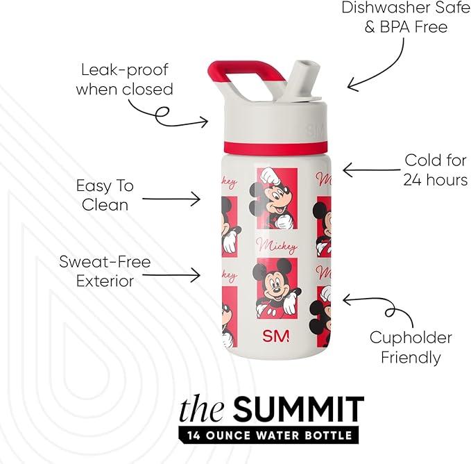 Simple Modern Kids Summit Water Bottle with Straw Lid | Disney Mickey Mouse 14oz Stainless Steel Cup Insulated Tumbler for Boys, Girls, School | Mickey Montage