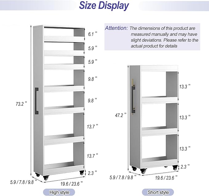 7-Tier Slim Storage Cart, Wooden Rolling Pantry Cabinet with Wheels, Narrow Shelf Organizer for Kitchen, Bakers Rack, Dining Room, Closet, Small Spaces Light Walnut 73.2''H*5.9''W*23.6''D