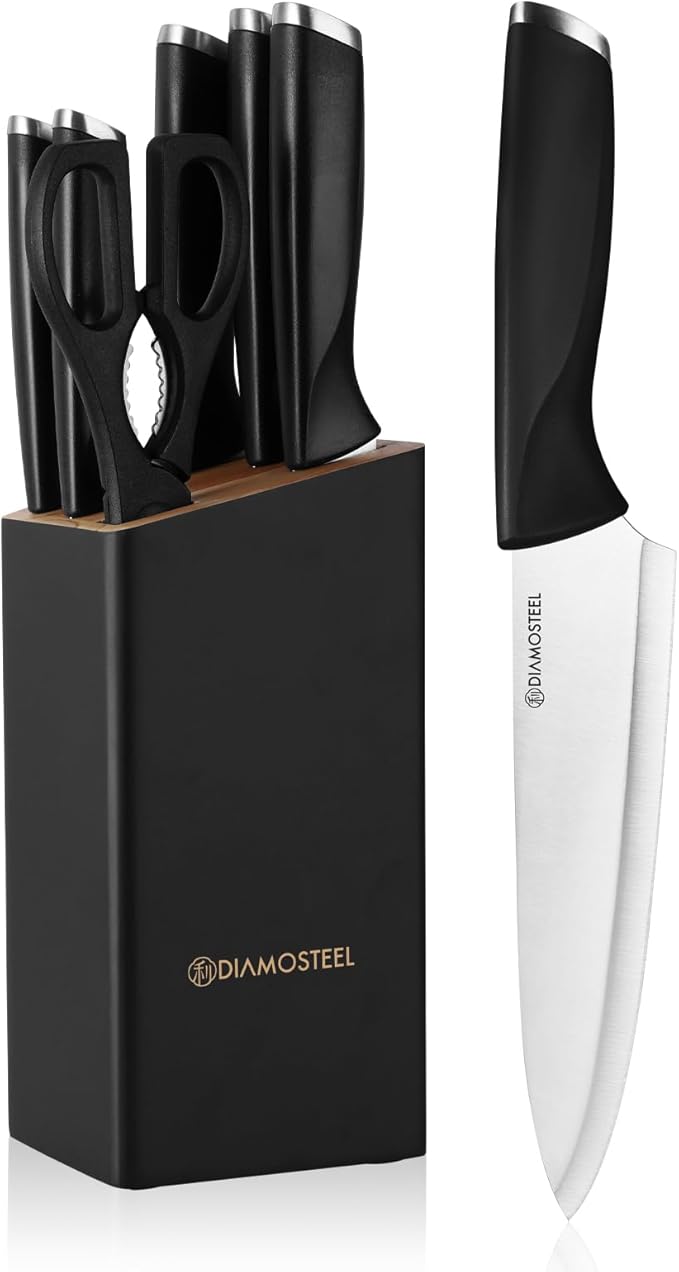 Black Knife Set with Wooden Block, 7 Pieces Sharp Knife Block Set with Stainless Steel Blade Ergonomic Handle, Dishwasher Safe Knives Set