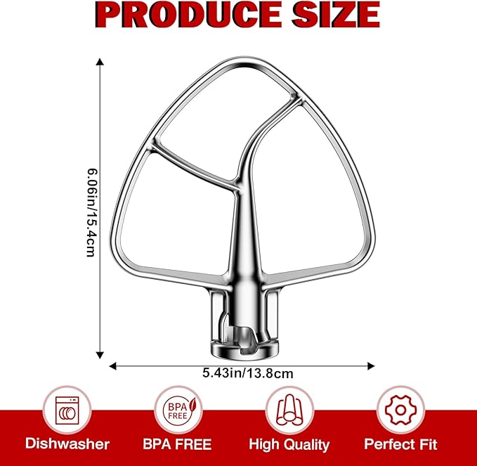 Beater for KitchenAid 4.5/5QT Tilt Head Stand Mixer, Stainless Steel Mixer Paddle for 4.5/5 Quart Tilt Head Stand Mixer, Mixer Attachment for KitchenAid, Dishwasher Safe, Silver
