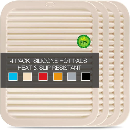 QPIX DIGITAL 4 Pack Silicone Trivets for Hot Dishes, Large & Heat Resistant Silicone Pot Holder Hot Pads for Kitchen, 9x12 Beige Silicone Trivet Mat for Hot Pots and Pans, Jar Opener, Drying Mat