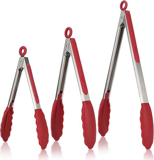 U-Taste Kitchen Tongs, 7/9/12 inches Cooking Tongs, with 600ºF High Heat-Resistant Non-Stick Silicone Tips, 18/8 Stainless Steel Handle, for Food Grill, Salad, BBQ, Frying, Serving, Pack of 3(Red)