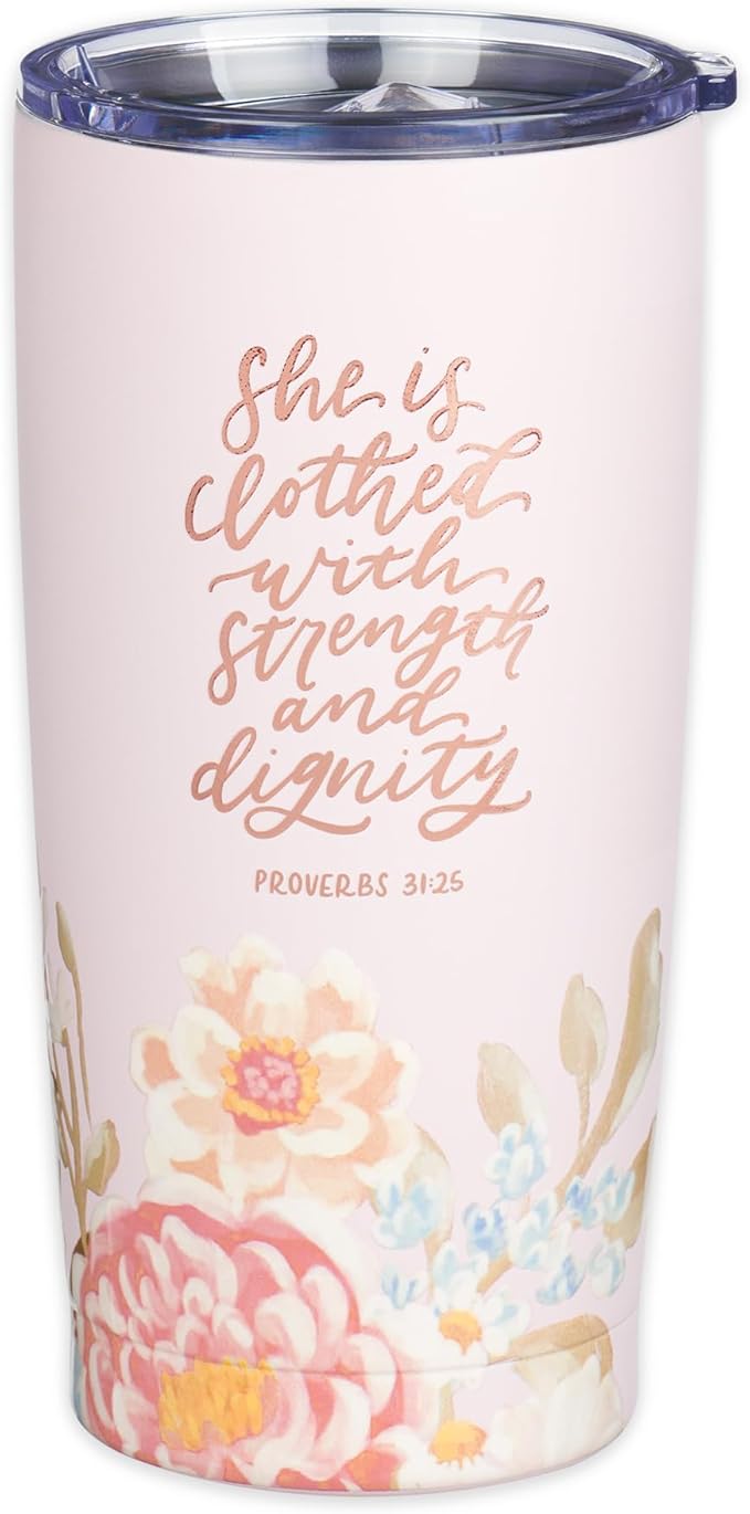 Christian Art Gifts Large Stainless Steel Inspirational Travel Mug Tumbler for Women: Strength & Dignity Scripture, Sturdy Vacuum Insulated, Hot/Cold, Retractable Lid, Pink Multicolor Floral, 18 oz.