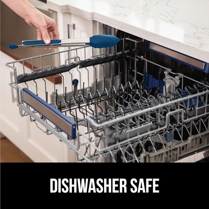 GORILLA GRIP Stainless Steel Heat Resistant Kitchen Tongs for Cooking, Set of 2 BBQ Tong, Non Scratch Silicone Tip for Pans, Strong Grip, Grab Food, Toss Salad, Air Fryer, Pull Lock, 7 + 9 Inch, Blue