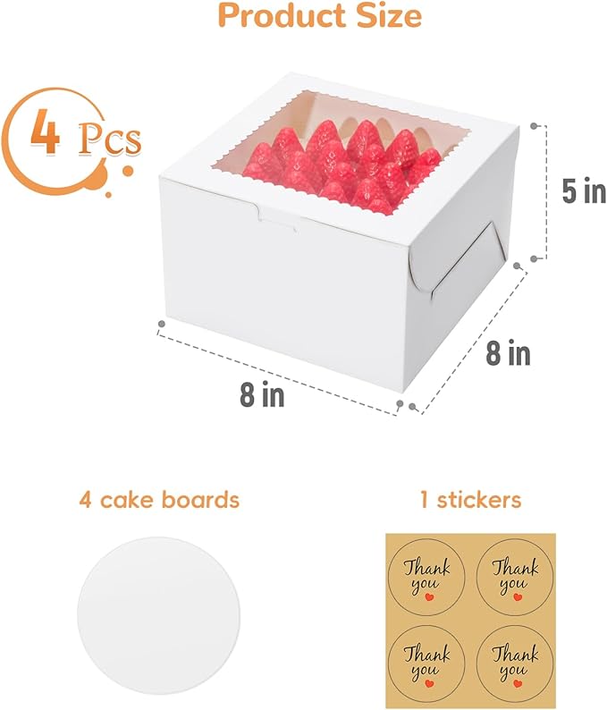 Small Cake Boxes 8 Inch with Window, 4 Set Bakery Boxes with Cake Boards & Stickers, Cupcake Box for Birthday, Party, Wedding, Mother's Day, Valentine's Day, Christmas（8x8x5 inch）