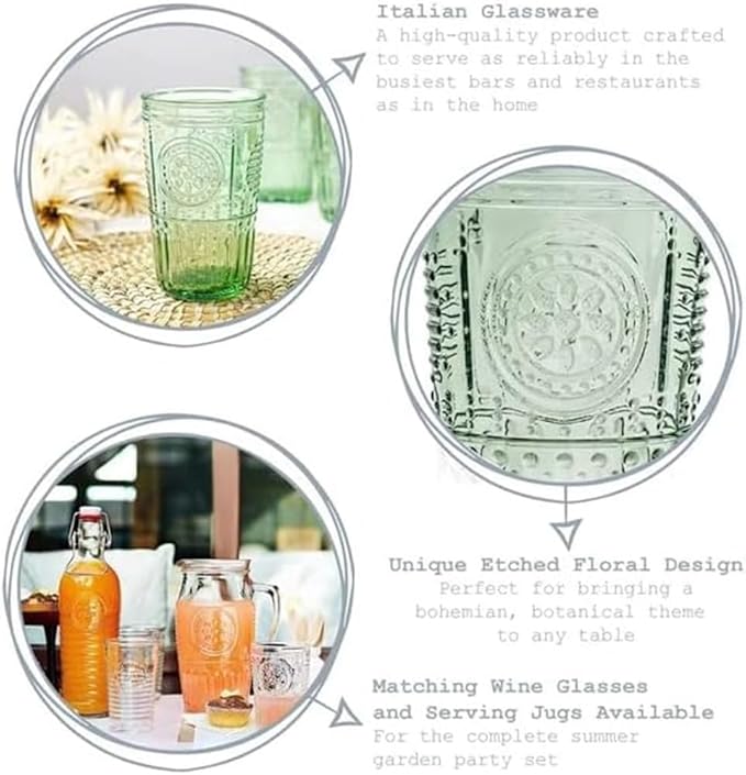 Bormioli Rocco Romantic Set Of 4 Tumbler Glasses, 11.5 Oz. Colored Crystal Glass, Pastel Green, Made In Italy.