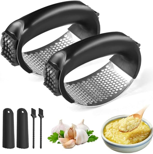 Stainless Steel Garlic Press Rocker, 2025 New Garlic Mincer and Garlic Crusher, Easy-Squeeze Garlic Tool with Peeler and Cleaning Brush for Smashing Garlic (2 Set)