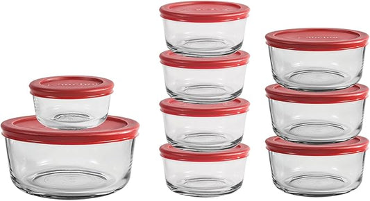 Anchor Hocking 18 Piece Glass Storage Containers with Lids (9 Glass Food Storage Containers & 9 Red SnugFit Lids)