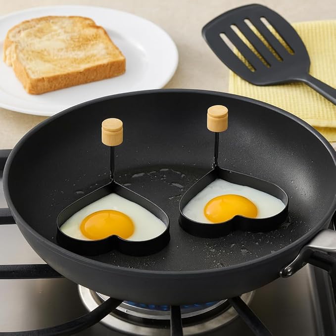 HIC Kitchen Non-Stick Egg and Pancake Cooking Rings, Heart Shaped, Non-Stick Carbon Steel; PFOA and BPA Free, Set of 2