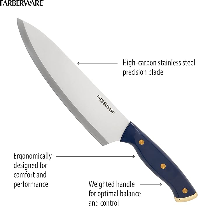 Farberware Triple Riveted Knife Block Set, 15-Piece, Navy and Gold, High-Carbon Stainless Steel Blades, Ergonomic Handles, Includes Wood Storage Block