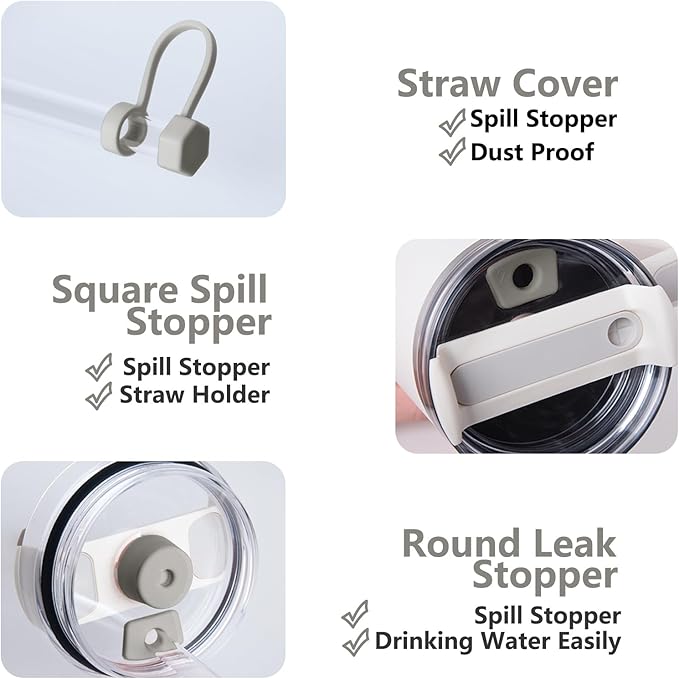 Silicone Spill Stopper Set Compatible with Stanley Cup 2.0 30oz & 40oz with Straw Cover (Set of 2, Ash)