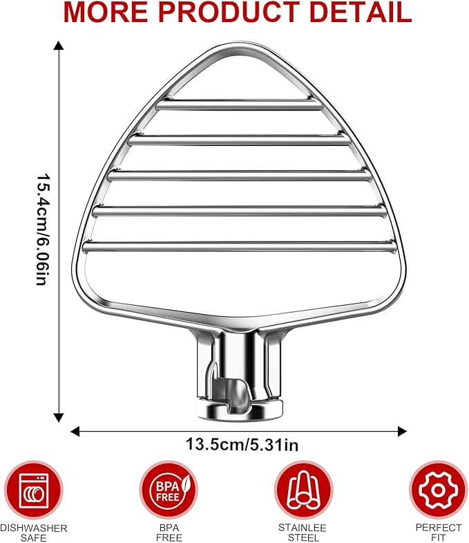 Stainless Steel Beater for KitchenAid 4.5/5QT Tilt Head Stand Mixer, Mixer Paddle for 4.5/5 Quart Tilt Head Stand Mixer, Mixer Attachment for KitchenAid, Dishwasher Safe, Silver