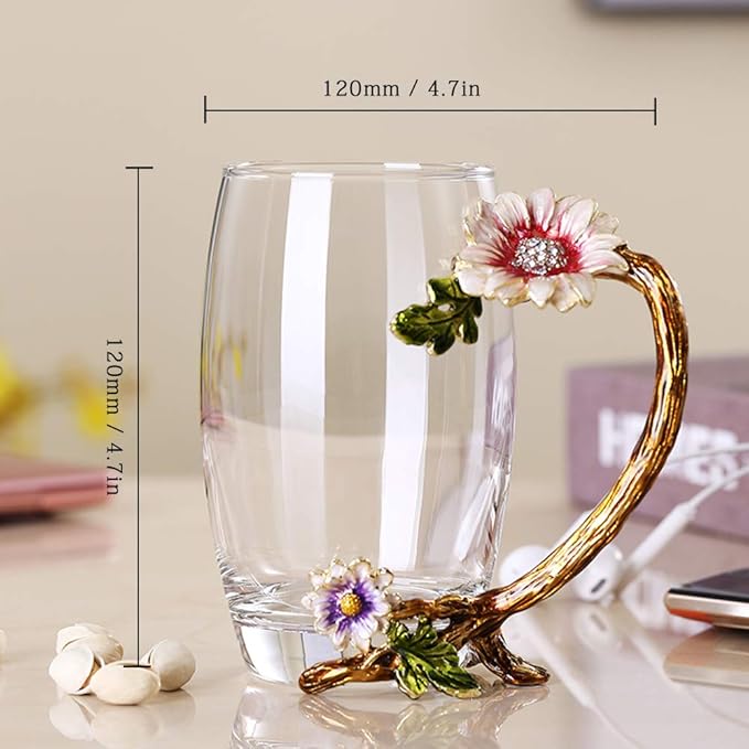 Enamel Sunflower Crystal Lead-Free Glass Tea Cup with Spoon Set, Present for The Christmas, Valentine's Day.Best Present for Mother, Grandma, Girlfriend, Sister.