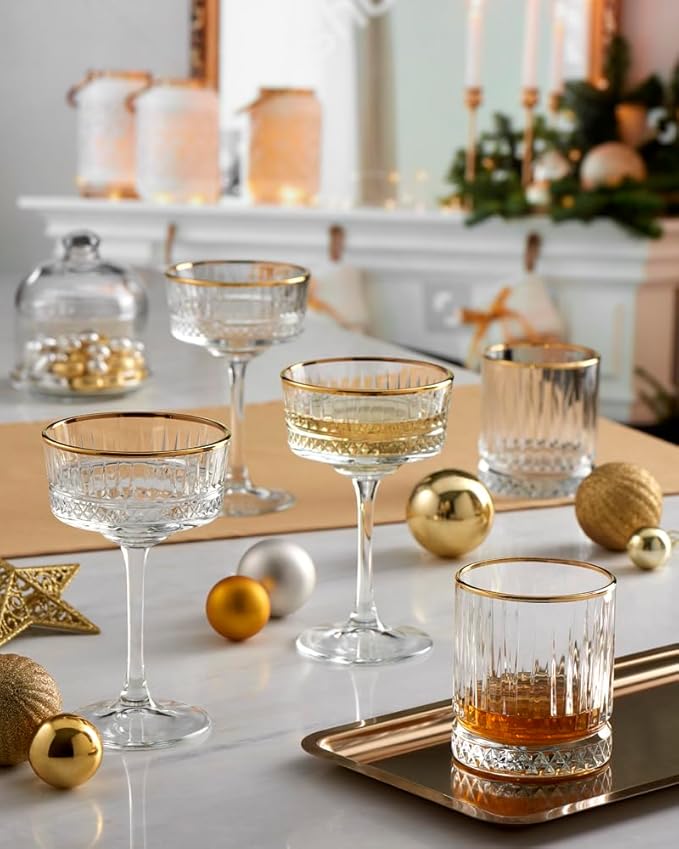 Pasabahce Vintage Golden Touch Coupe Glasses Set Of 4 - Exclusive Champagne, Cocktail, Martini, Wine Glasses - Long Stem Glassware - 8.8 oz - Perfect for Parties, Gifts, Housewarming, Weddings
