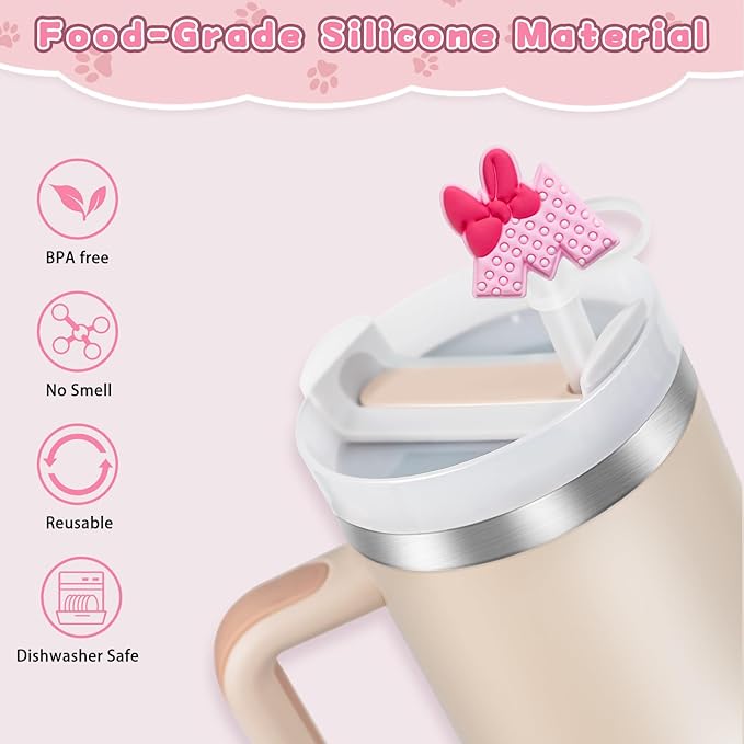 9PCS Straw Covers for Stanley Cup Tumbler 30 oz / 40 oz Leak Proof Straw Toppers 10mm Silicone Cute Caps for Stanley Cup Accessories-Pink Mice-9pcs