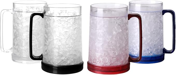 Double Wall Gel Frosty Freezer Ice Mugs Clear Set of 4 (White black red and blue)