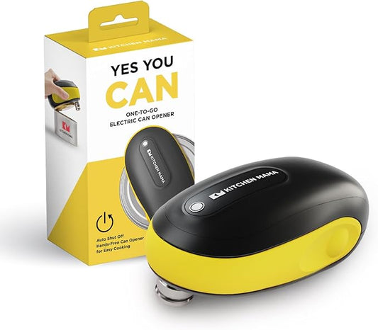 Kitchen Mama One-To-Go Electric Can Opener: One Touch, Auto Stop, Smooth Edge, Lid Lift, Safety, Automatic, Magnetic, Cordless, Battery Operated, Kitchen Appliance for Senior with Arthritis (Yellow)