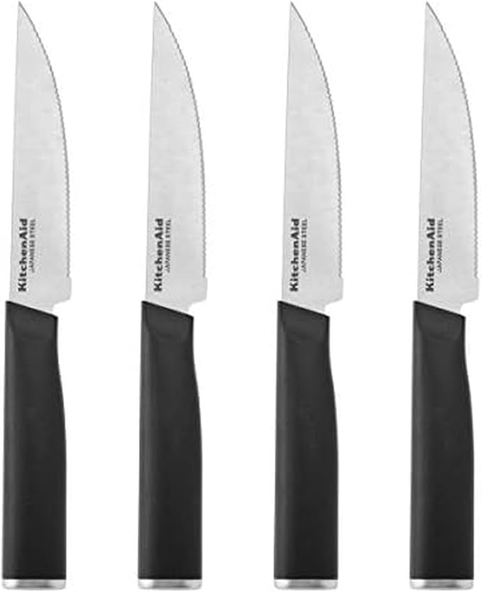 KitchenAid Classic 4 Piece Steak Knife Set, 4.5-Inch, High-Carbon Japanese Stee Blades, Sharp Kitchen Knife Set, Black