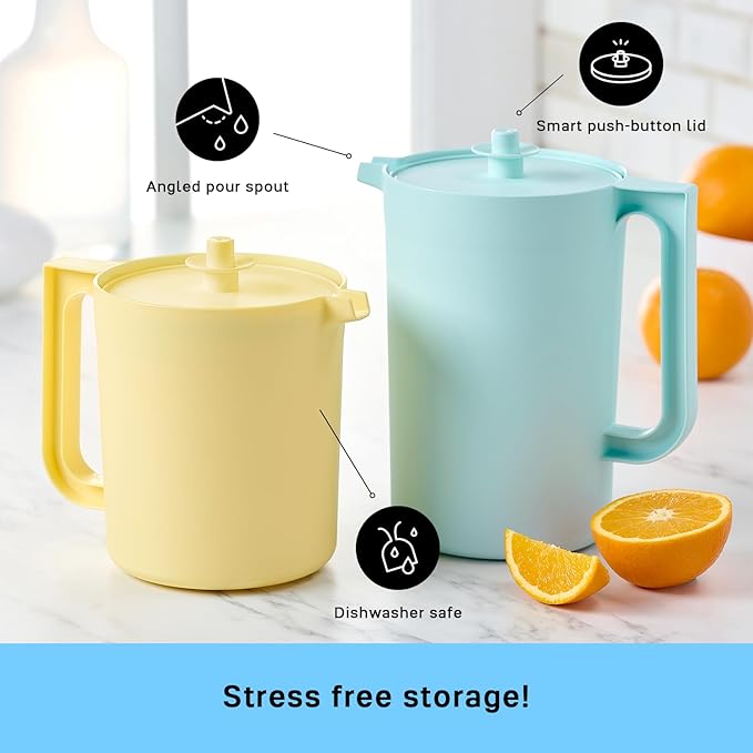 Tupperware Heritage Pitcher Set in Vintage Blue and Yellow Colors, Dishwasher Safe and BPA Free (Set of 2, 1.5 Qt./2 Qt.)