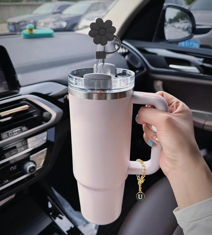 Stanley Cup Accessories, 1pc Flower Stanley Straw Cover Silicone Straw Topper for Stanley 30&40 oz Tumbler with Handle and 1pc Initial Letter Charm for Stanley Cup (Letter U)