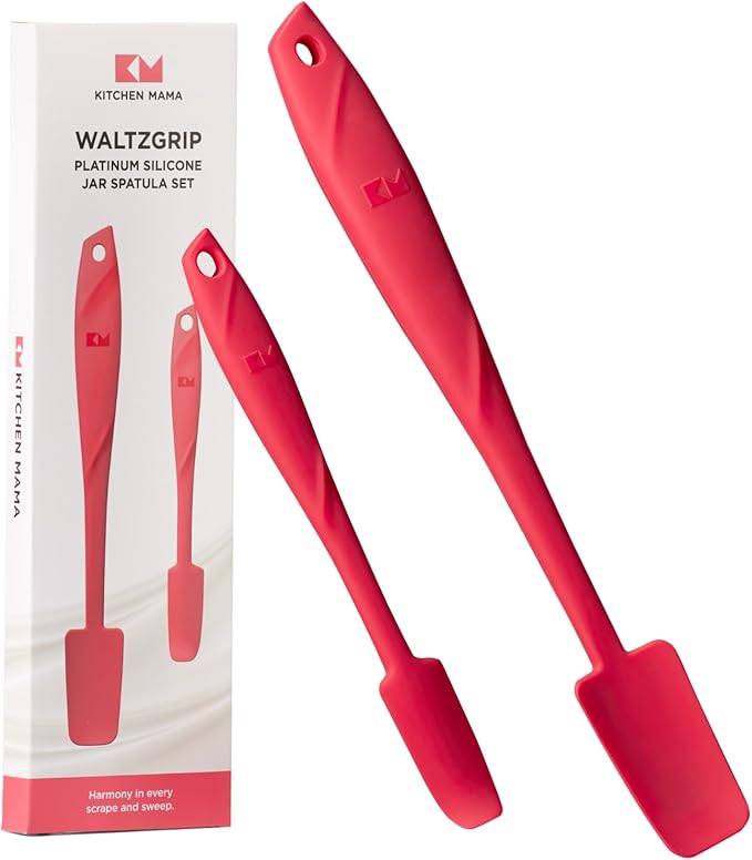 Kitchen Mama WaltzGrip Platinum Silicone Jar and Can Spatula Set: Heat-Resistant, Dishwasher Safe, Ergonomic Grip, Perfect for Mixing and Scraping, Nonstick Cookware (Red)