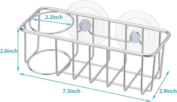 Sink Caddy Sponge Holder for Kitchen Sink 2 Suspension Options(Suction Cups and Adhesive Hook), SUS304 Stainless Steel, Silver