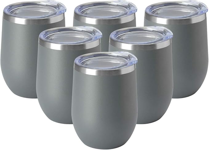 HASLE OUTFITTERS 12oz Wine Tumbler with Lid Stemless Wine Glasses Double Wall Vacuum Travel Mugs stainless steel Coffee Cup for Cold & Hot Drinks Wine Coffee Cocktails Beer 6 Pack Grey