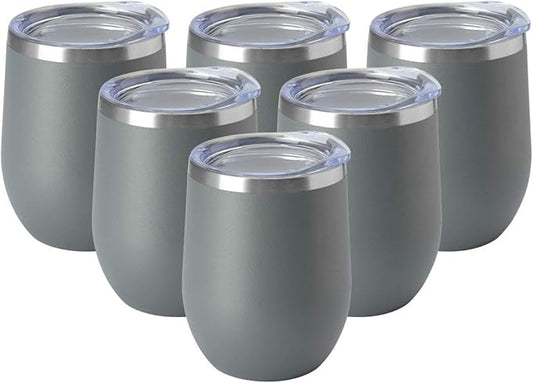 HASLE OUTFITTERS 12oz Wine Tumbler with Lid Stemless Wine Glasses Double Wall Vacuum Travel Mugs stainless steel Coffee Cup for Cold & Hot Drinks Wine Coffee Cocktails Beer 6 Pack Grey