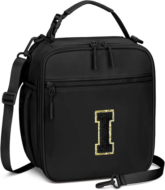 Initial Insulated Lunch Bag for Boys Kids, Back to School Gift, Reusable Leak-proof Lunch Box with Adjustable Strap for School Daycare Travel Picnic（Black，I）