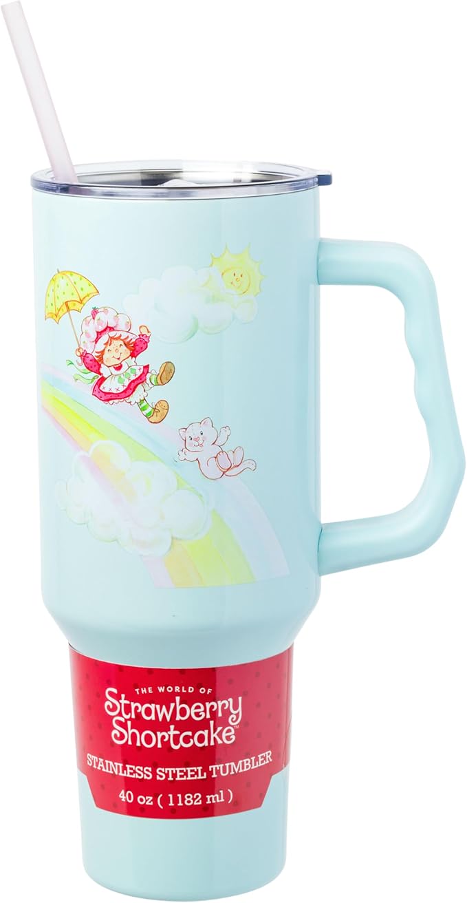 Silver Buffalo Strawberry Shortcake and Custard Stainless Steel Tumbler with Handle, Fits in Standard Cup Holder, 40 Ounces