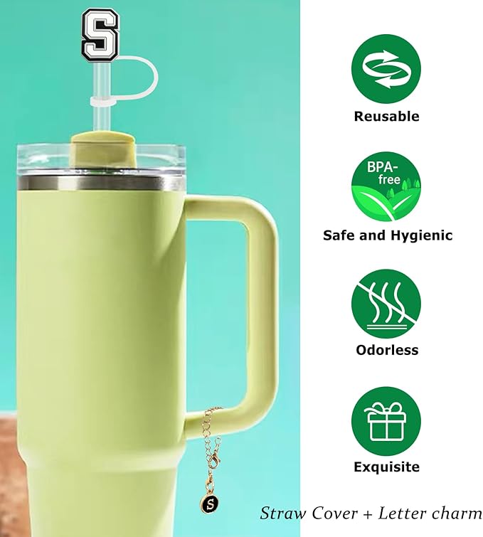 （3 +3) 3PCS Nuozme Straw Cover 10mm For Stanley Tumbler Cup Reusable Straw Cap Topper with 3 Initial Letter Charms Accessories Name ID Personalized Handle Charm For Stanley 30&40 Oz Cup Tumbler