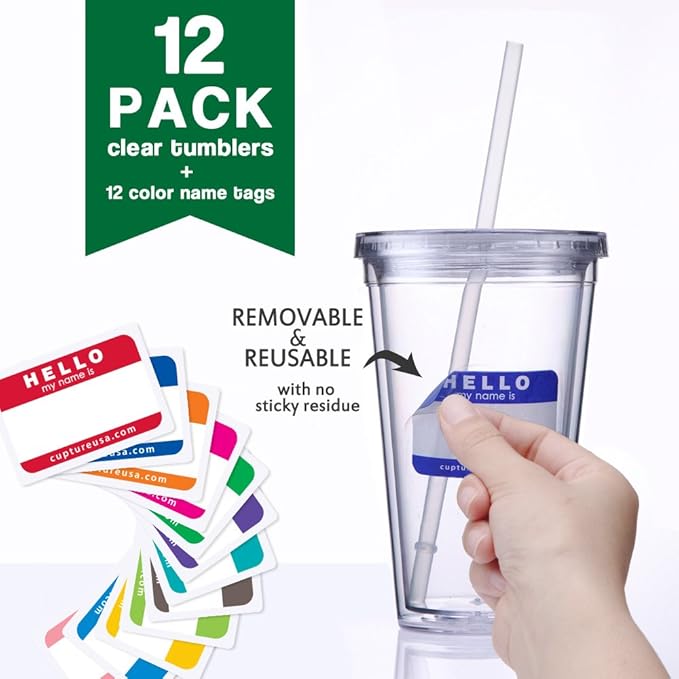 Cupture Classic 12 Insulated Double Wall Tumbler Cup with Lid, Reusable Straw & Hello Name Tags - 16 oz, Bulk Pack (Clear)